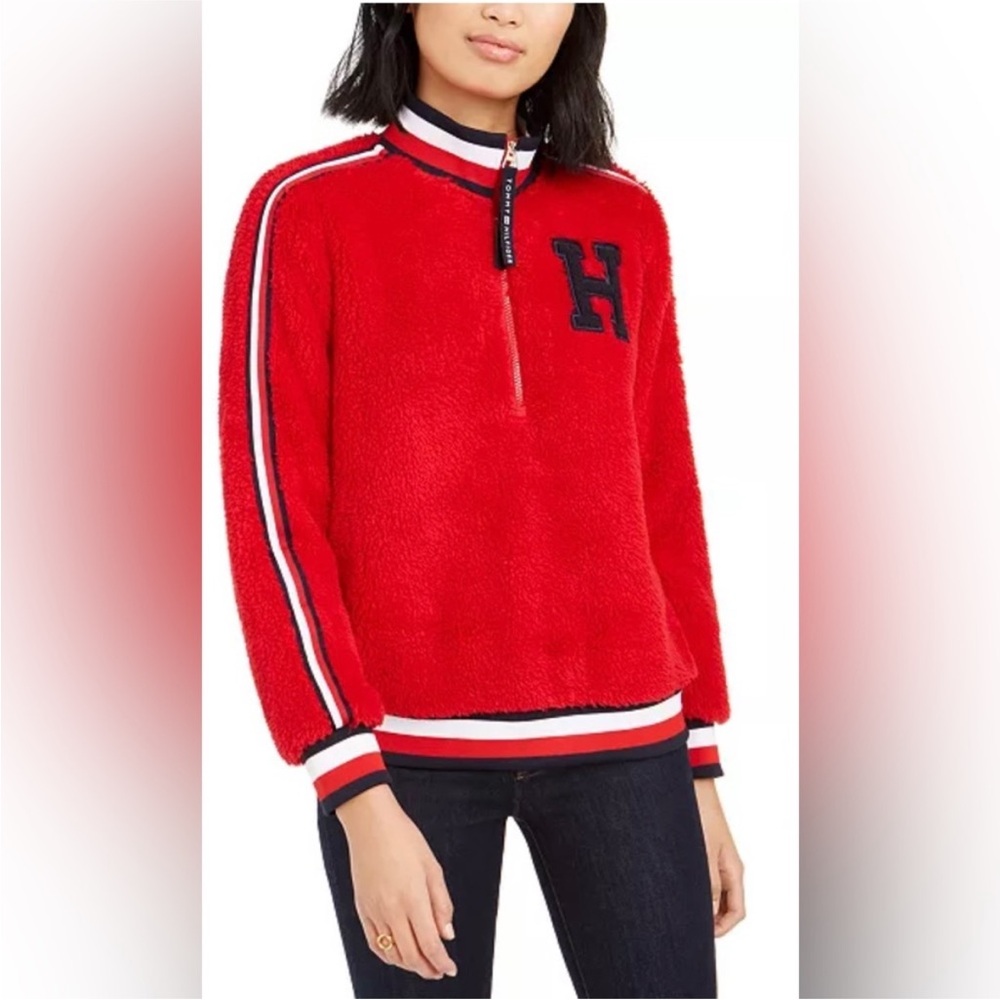 Tommy Hilfiger Women's Red Teddy Striped-Trim Sherpa Fleece Half Zip Sweater XS